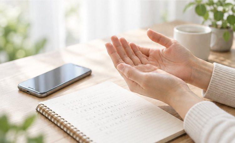 机の上で自分の手のひらに向き合う手元
