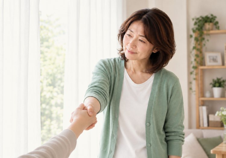 窓辺で手を差し伸べる女性