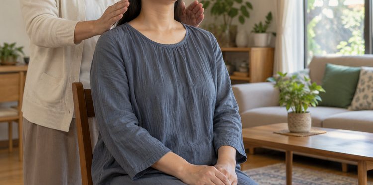 座っている人に両手をかざして施術している様子