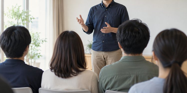 集まった人の前で話している様子